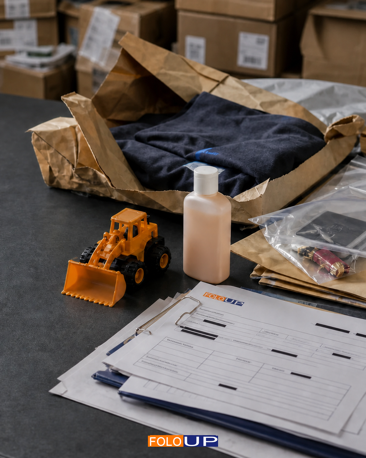 Inspected e-commerce parcels, a toy, cosmetic bottle and clothing arranged on a regulatory evidence desk with FOLO-UP-branded seized-product paperwork